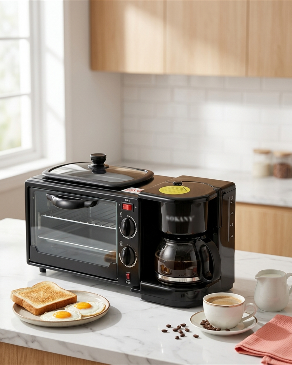 Centro de Desayuno 3 en 1 Horno Plancha y Cafetera